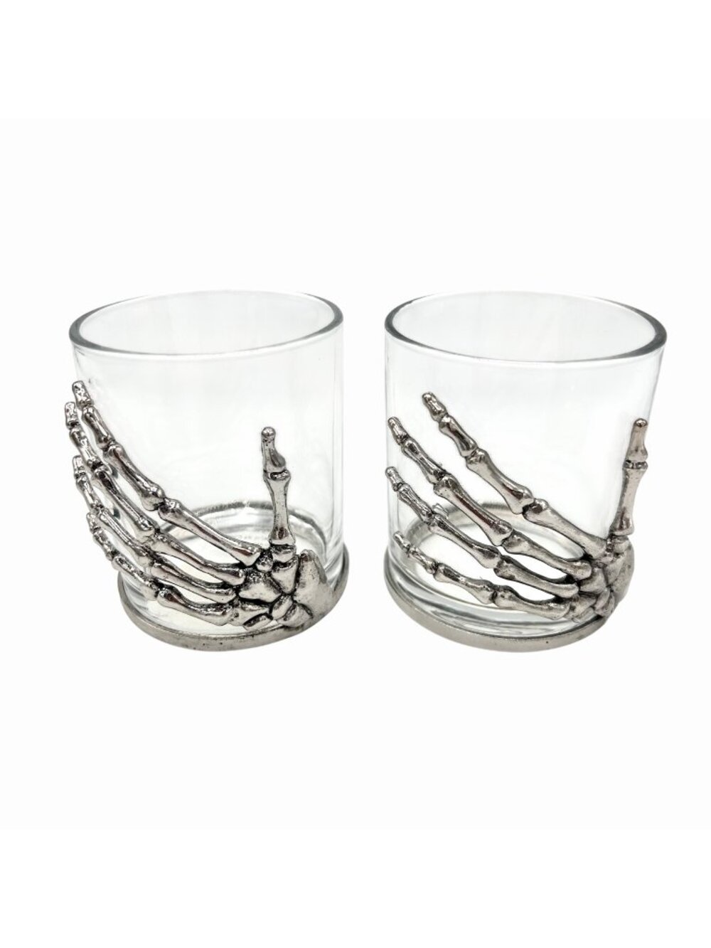 NWT SILVER METAL SKELETON HAND GLASS ROCKS TUMBLER SET HALLOWEEN GOTHIC UNDEAD
